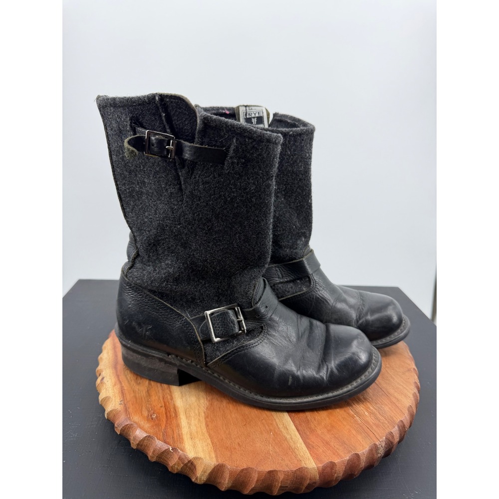 Frye Engineer Wool Leather Boots Women 8 Black Grey Buckle Moto Industrial